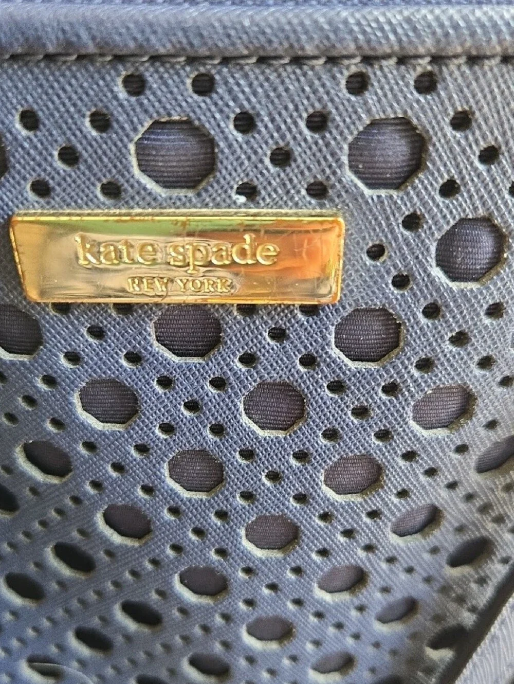kate spade navy perforated leather satchel with gold-tone logo